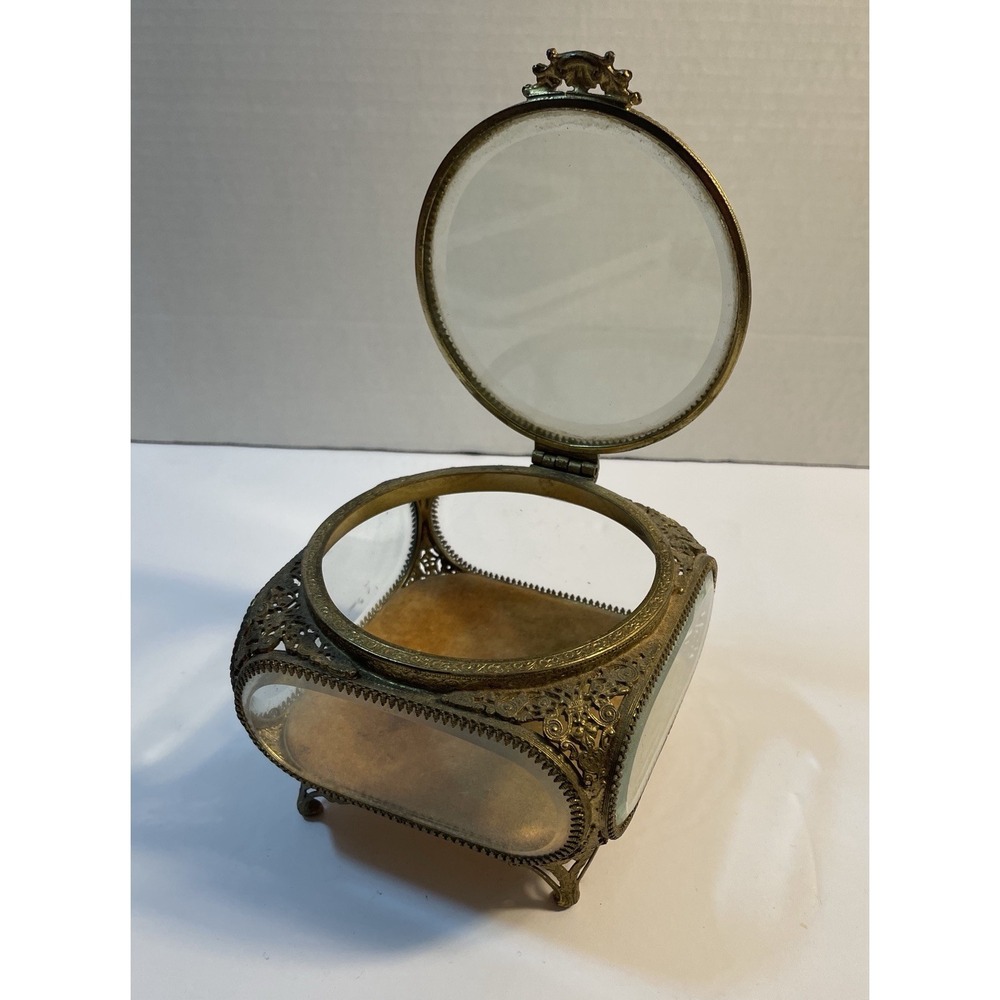Vtg Gold Tone Beveled Glass Jewelry Box/Casket. 4 Sided